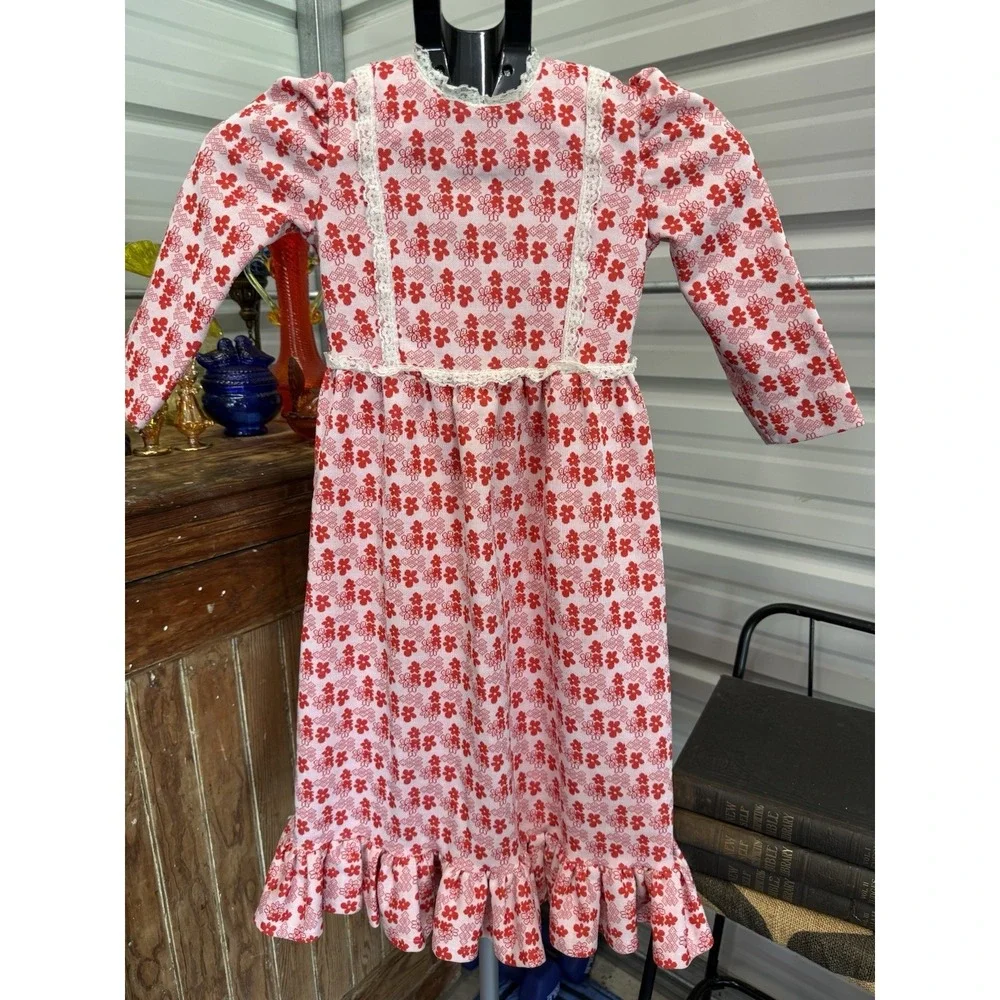 Vintage Handmade Little House Prairie Girls Dress Pink Red Floral Lace 4T